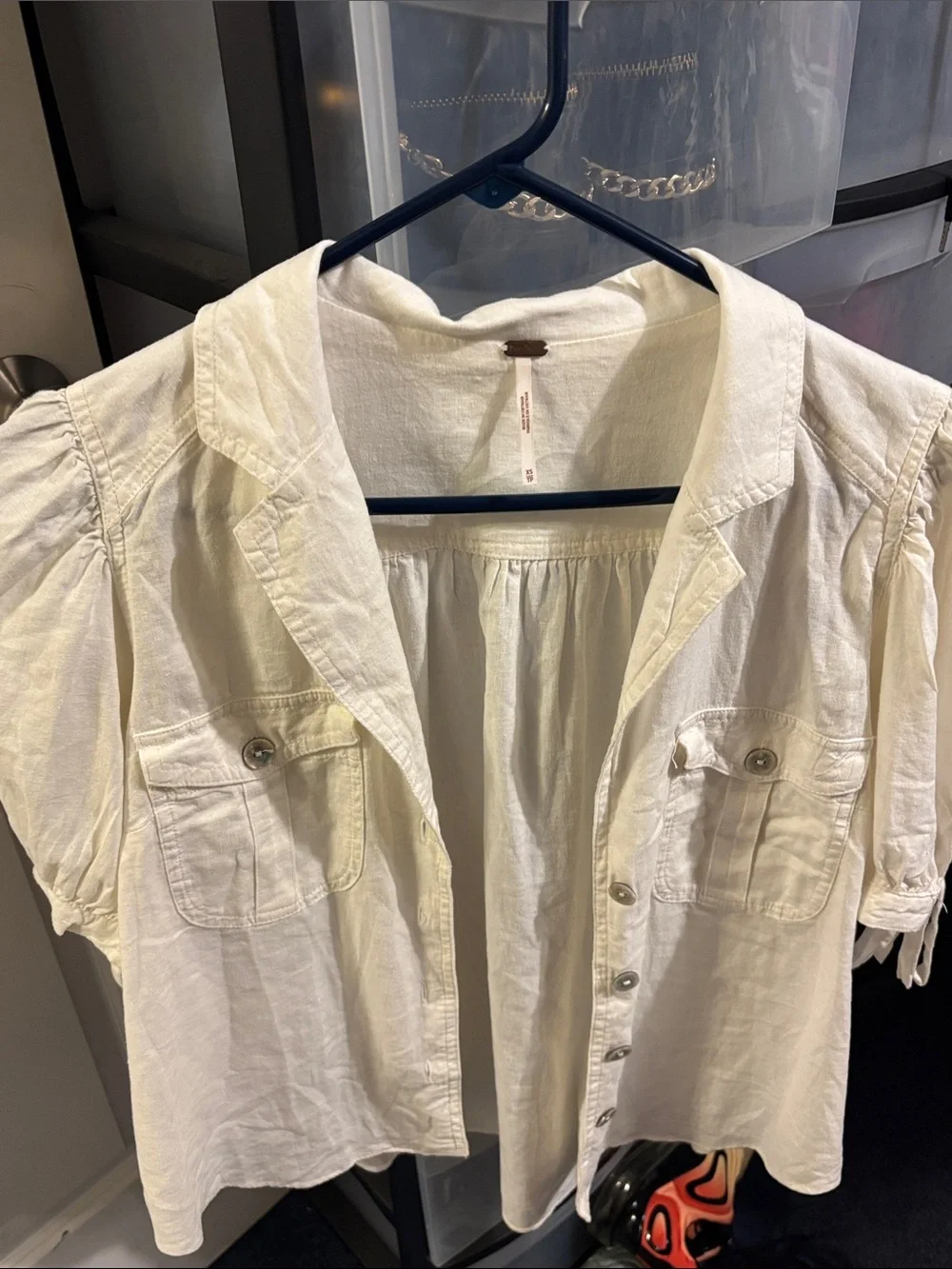 Free People Cream Button-Front Puff Sleeve Blouse